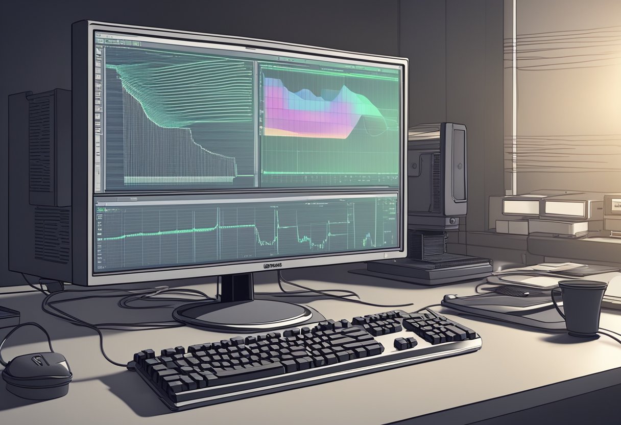 A computer's CPU is being overclocked, with heat emanating from the processor. A monitor displays a stuttering image, indicating potential performance issues