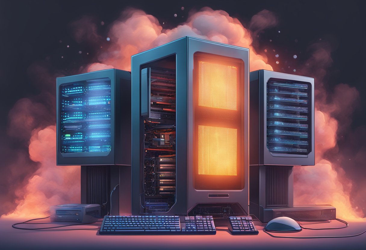 A computer tower emitting smoke with a red-hot CPU inside, surrounded by lagging and frozen computer screens
