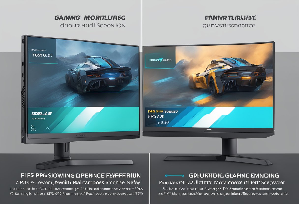 The gaming monitor displays a split screen comparison of FPS performance with a high-quality PSU versus a lower-quality PSU