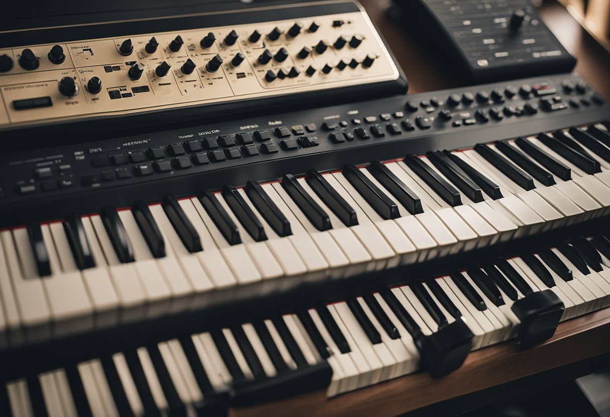 A variety of musical keyboards arranged on a table, including electronic, piano, and synthesizer models. Sheets of music and a metronome are nearby