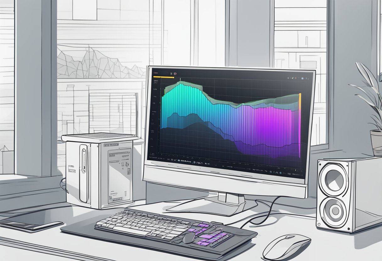 A gaming PC with an SSD installed, showing improved FPS in a graph on the screen