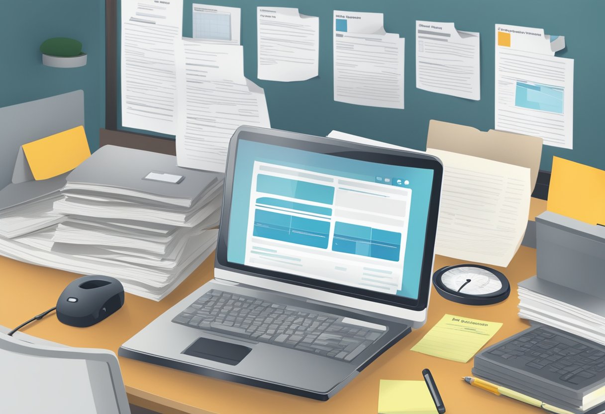 An office desk with a computer screen displaying text messages, a surveillance camera, and a document titled "Employer Monitoring Policies."