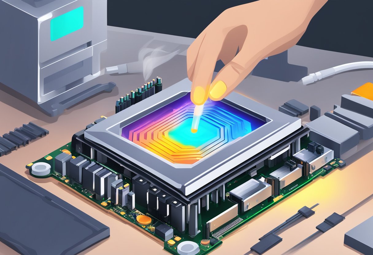 Thermal paste being applied to a CPU with caution, ensuring no excess is used to prevent damage
