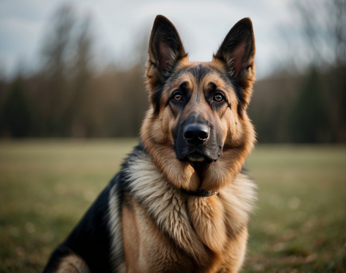 A German Shepherd stands tall and alert, with a strong, muscular build and a thick double coat. Its confident expression and pointed ears exude intelligence and loyalty