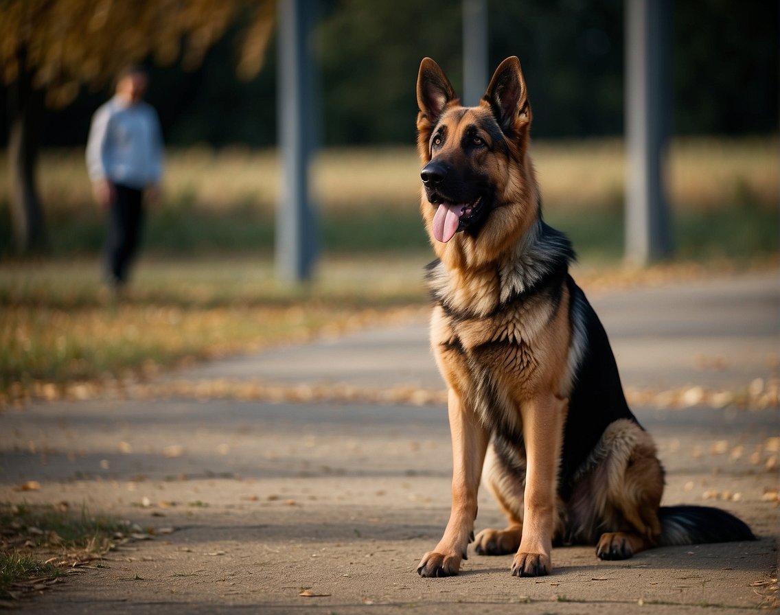 A German Shepherd stands tall with a strong, muscular build. Its pointed ears perk up as it gazes intently with its alert, intelligent eyes. The dog's thick, double coat shines in shades of black and tan, exuding an air of