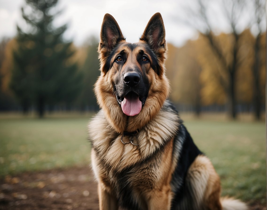 A German Shepherd stands alert, with a strong, muscular build and pointed ears. Its intelligent eyes convey confidence and loyalty