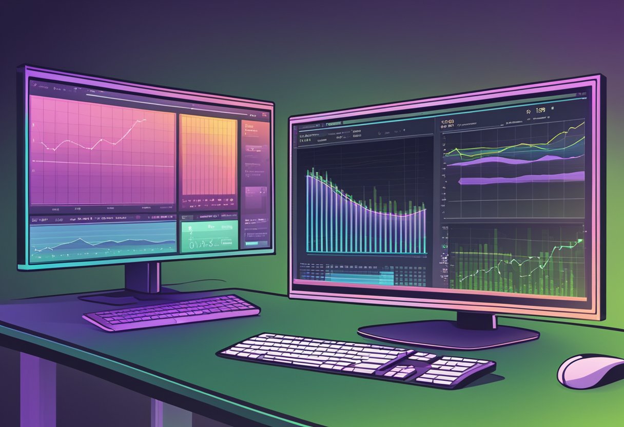A computer monitor displays high CPU usage due to a virus, with performance metrics and graphs indicating the impact on system resources