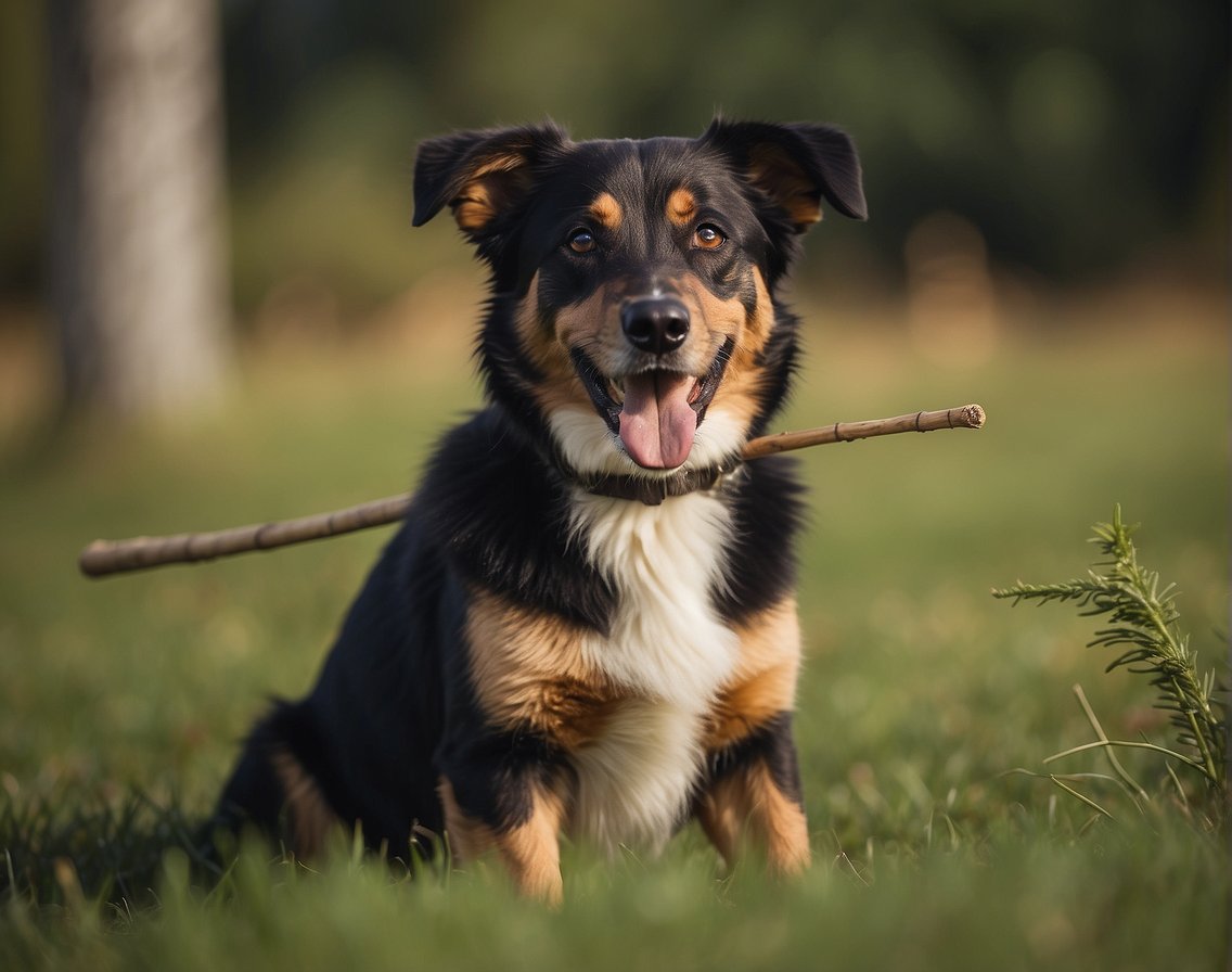 A dog sits on a grassy field, holding a stick in its mouth. It looks up at its owner, eagerly awaiting the next command