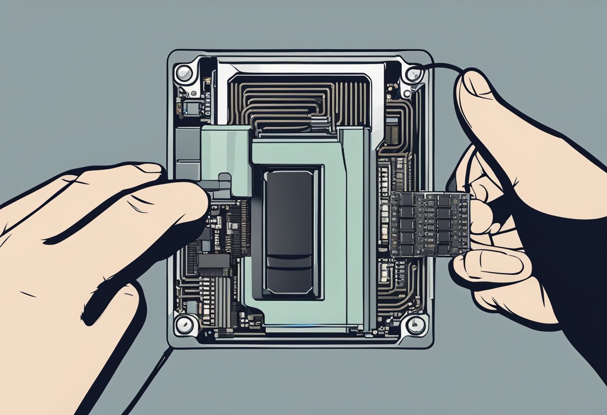 A hand holding a CPU above a socket, attempting to break it