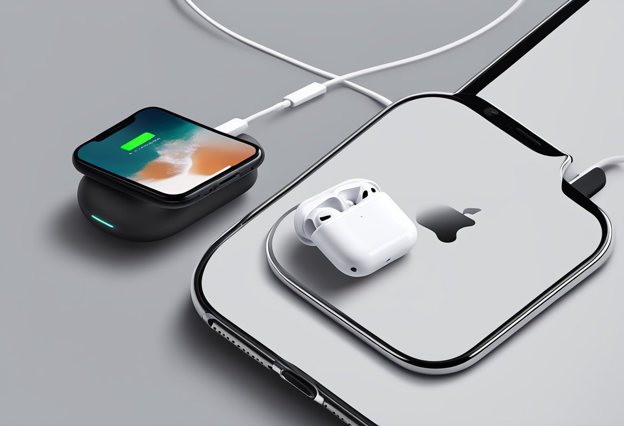AirPods sitting next to a wireless charging pad, with a charging cable plugged into the pad