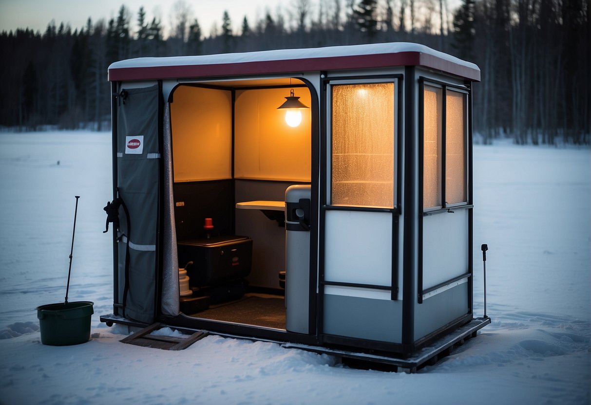 The ice fishing shelter is equipped with a heater, LED lights, and a storage compartment. Outside, there are ice augers, a sled for hauling gear, and a portable toilet