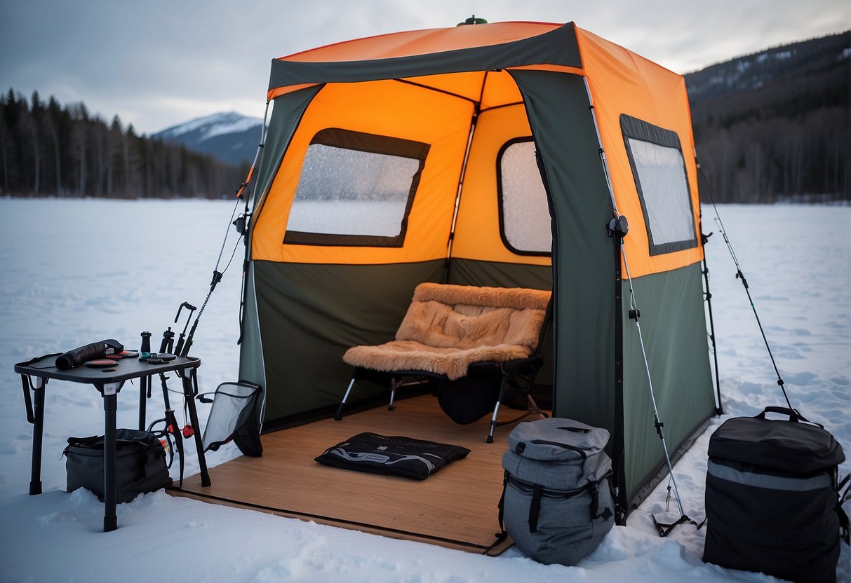 A cozy ice fishing shelter with upgraded accessories and gear, including a heater, comfortable seating, and storage for fishing equipment