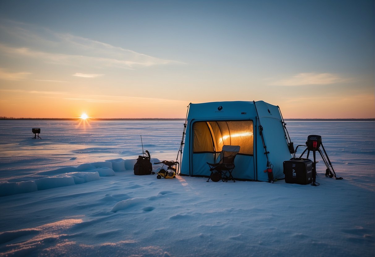 The ice fishing shelter is equipped with high-tech accessories, including sonar fish finders, LED lights, and heated flooring upgrades