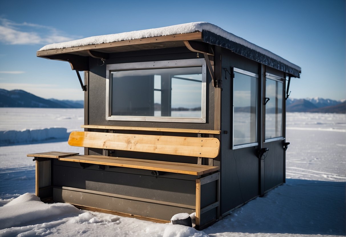 The ice fishing shelter is adorned with customized accessories and personal touches, including upgraded seating and storage options