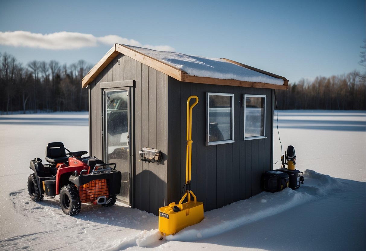 Tools and equipment scattered around an ice fishing shelter. Upgrades being installed, accessories being repaired