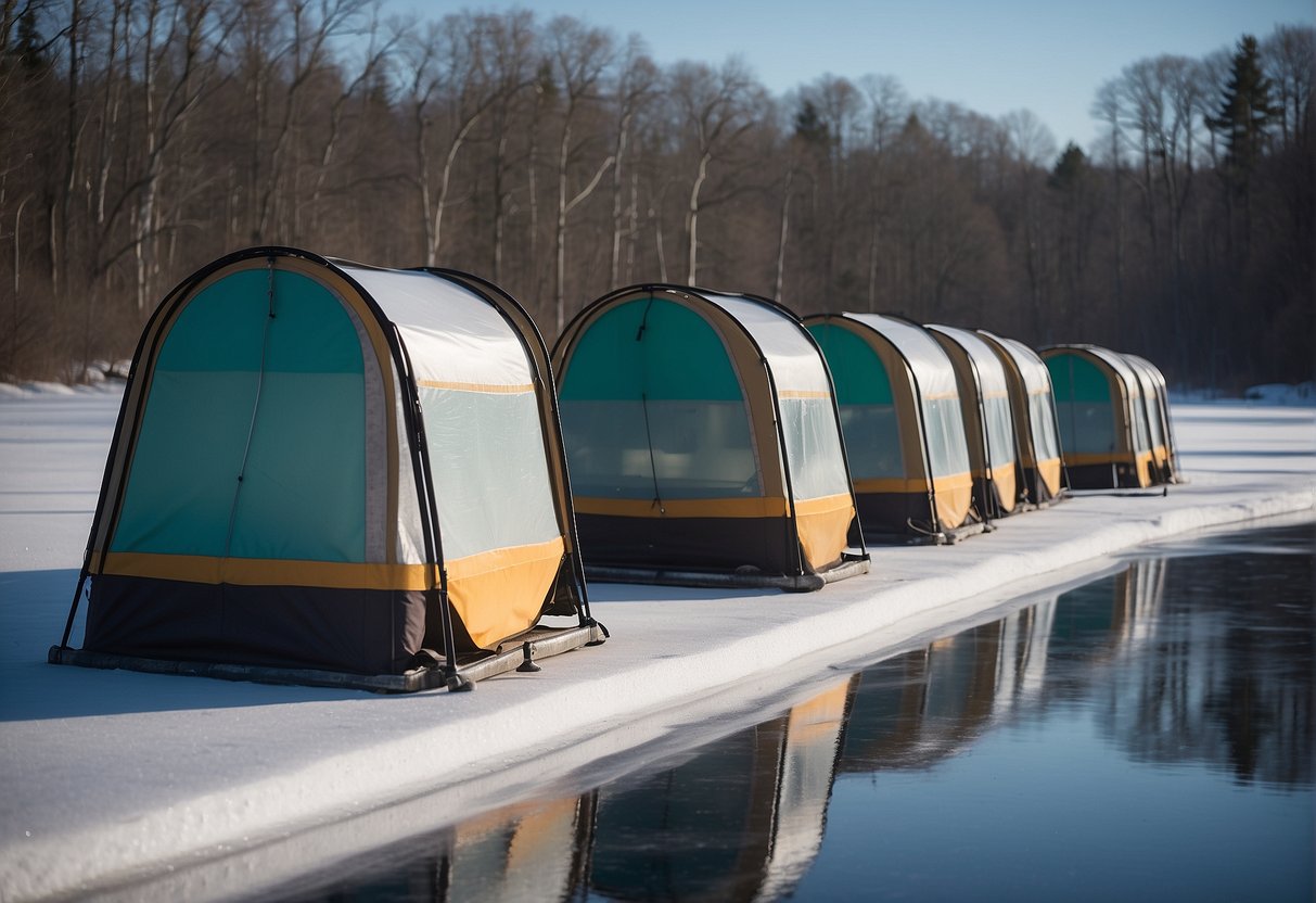 Several ice fishing shelters and accessories are being transported to a frozen lake. Upgrades like heaters and seating are visible