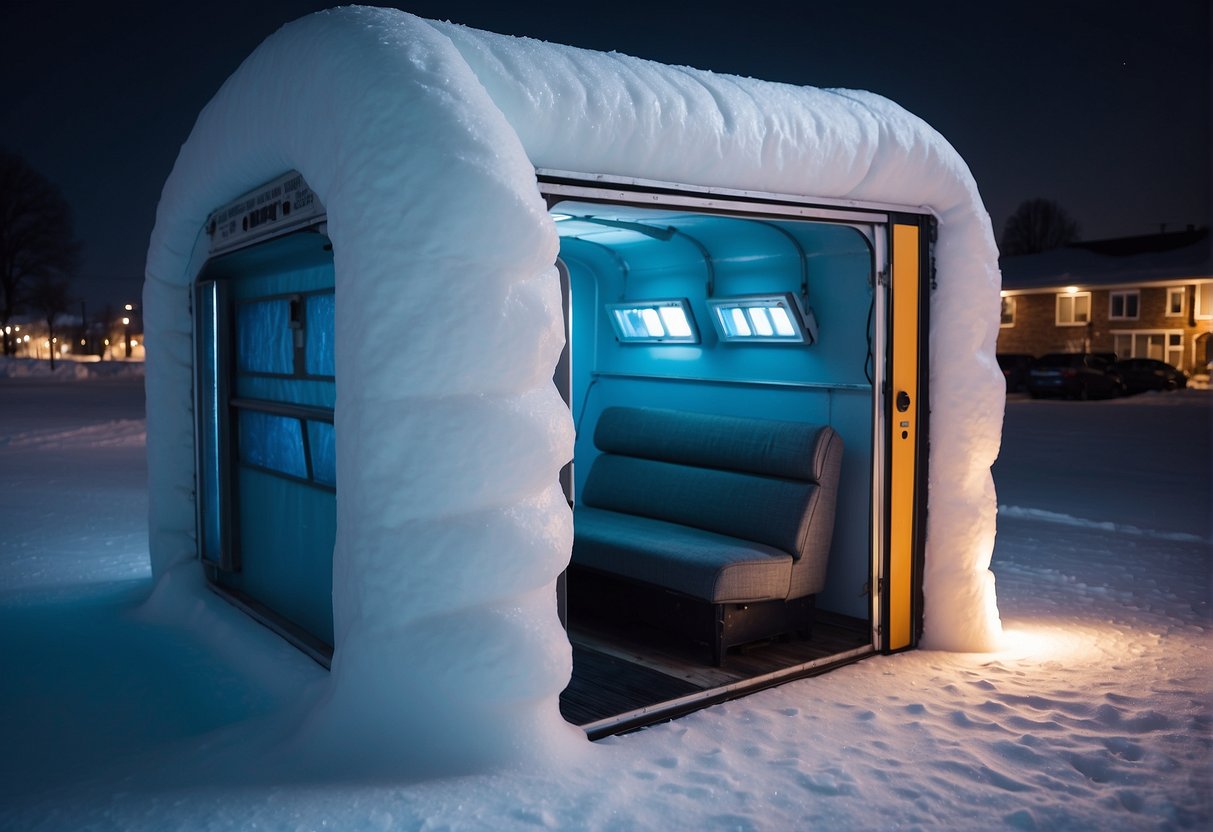 The ice shelter is adorned with custom accessories, such as colorful curtains and cozy rugs. Upgrades include a built-in heater and storage compartments