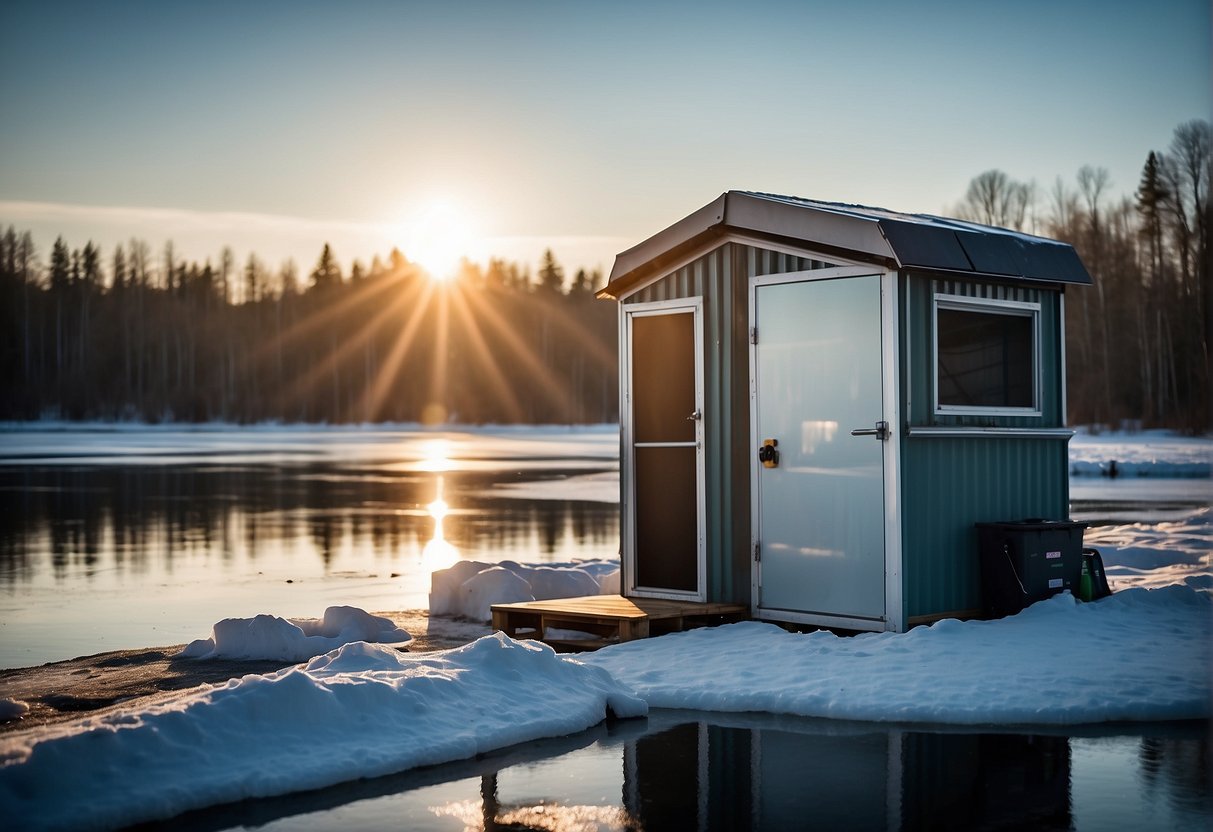 A cozy ice fishing shelter with solar panels, insulated walls, and a composting toilet. Sustainable fishing gear and a recycling station nearby