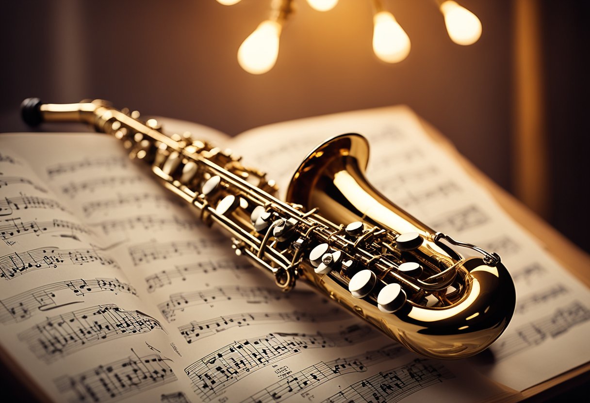 A saxophone resting on a music stand, surrounded by sheet music, reeds, and a metronome. The warm glow of a lamp illuminates the instrument