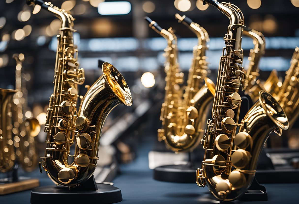 A collection of various saxophones arranged neatly on a display stand, showcasing the different models and types available