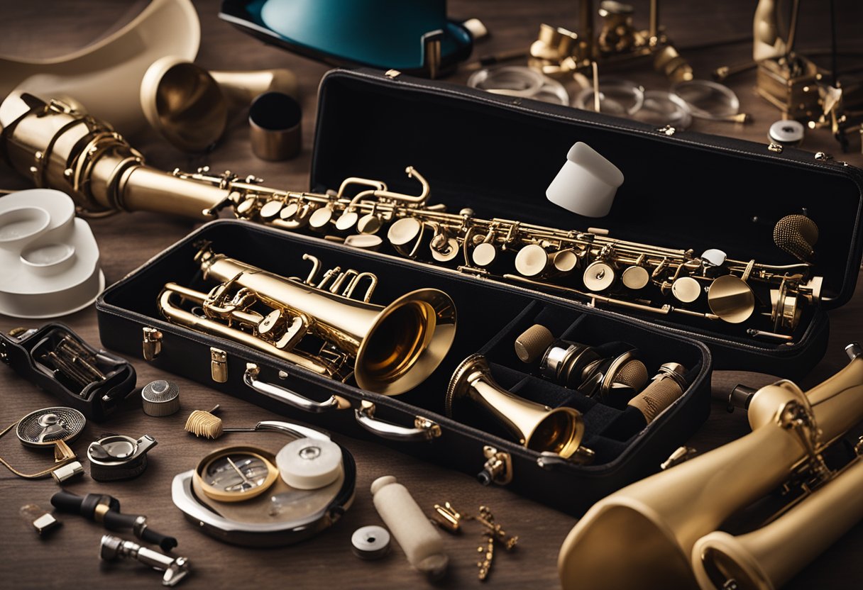 A saxophone surrounded by various accessories and components, such as reeds, ligatures, and a cleaning kit, displayed on a table