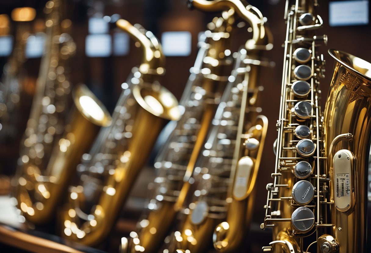 A display of saxophones with price tags, showcasing various models and brands