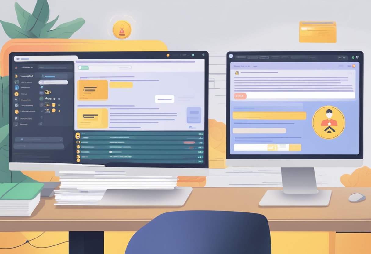 A computer screen displaying BetterDiscord interface with a warning message about the risks of using the platform. A ban notification is shown in the corner