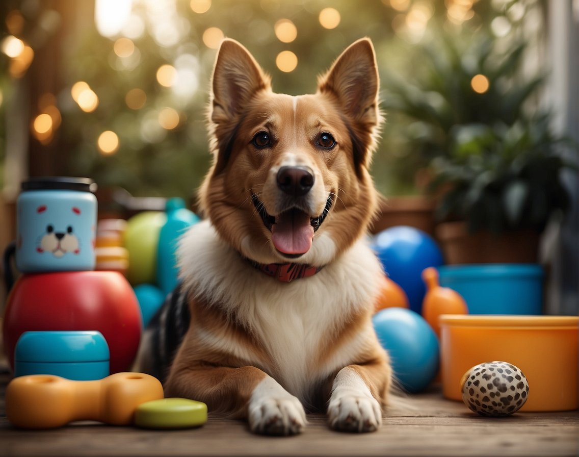 A happy dog with a wagging tail sits next to a smiling owner, both surrounded by various pet care items like a leash, food bowl, and a toy