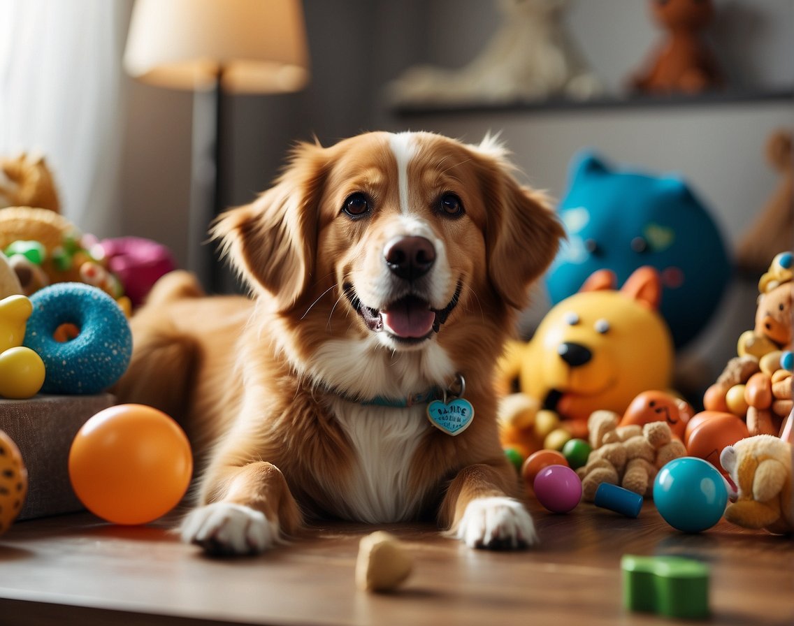 A happy dog with a wagging tail, surrounded by toys and treats, while a pet insurance policy is displayed in the background