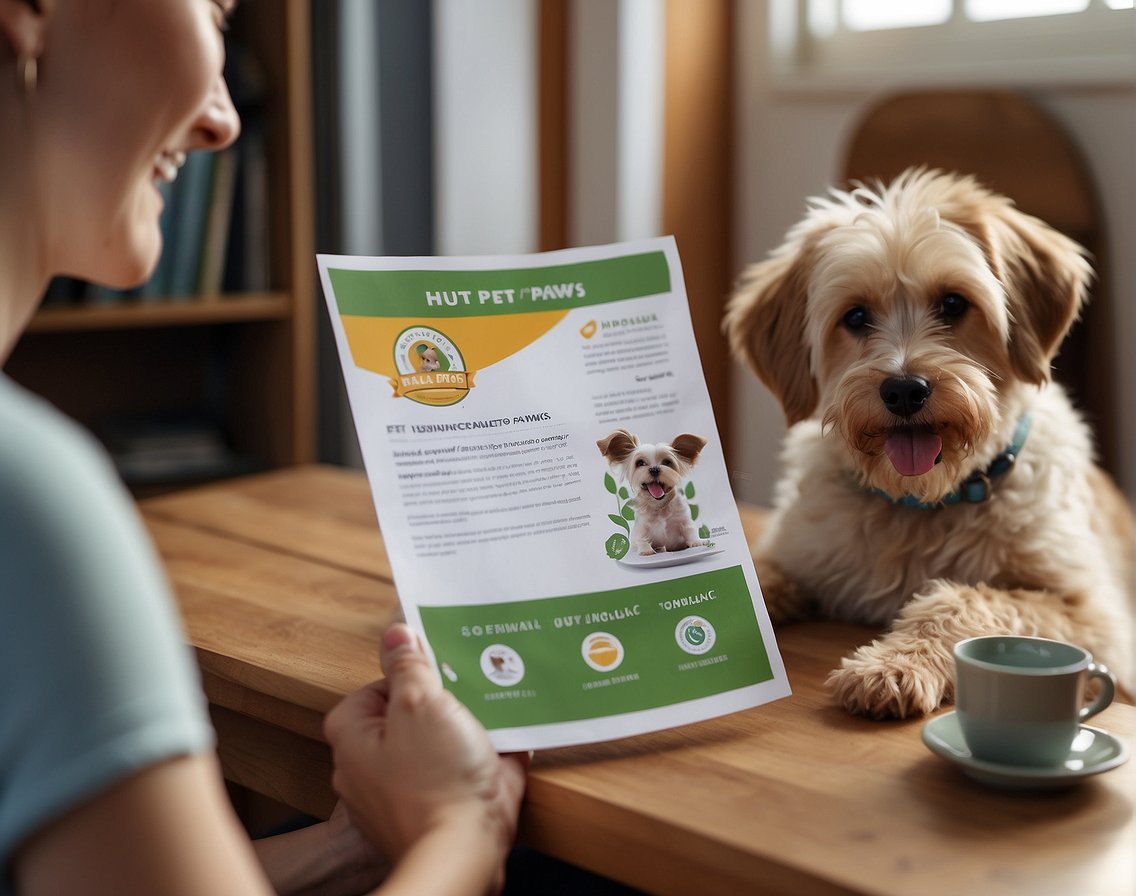 A happy pet owner reads a brochure on Healthy Paws Pet Insurance, surrounded by cheerful and healthy-looking animals. The company's logo and contact information are prominently displayed