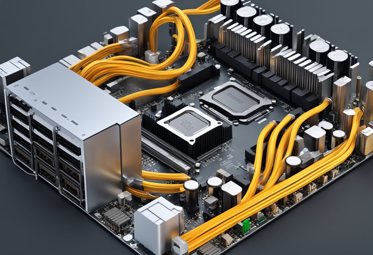 A computer motherboard with a B560 chipset and a CPU being overclocked with a cooling system attached