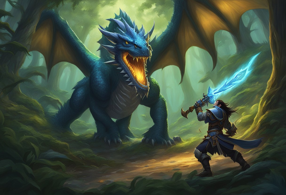 A lone character battles a dragon in a dark, mystical forest in World of Warcraft