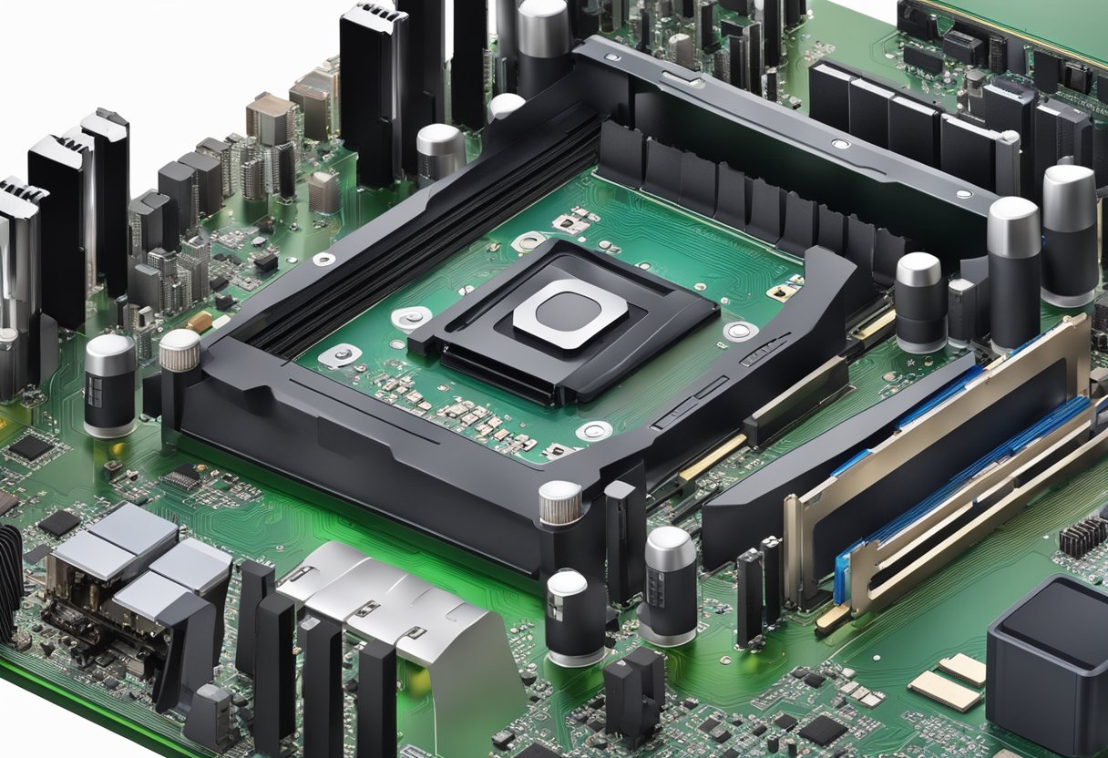 A computer motherboard with a slot for a graphics card, and a separate integrated graphics chip. The graphics card being removed and replaced with a new one