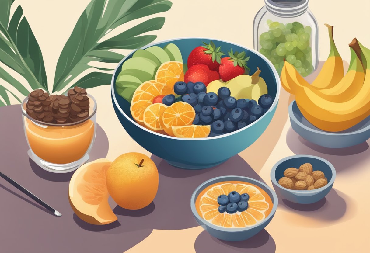 how to stop stress eating sweets - A table with healthy snacks and a bowl of fruit, while a person takes a deep breath and practices mindfulness