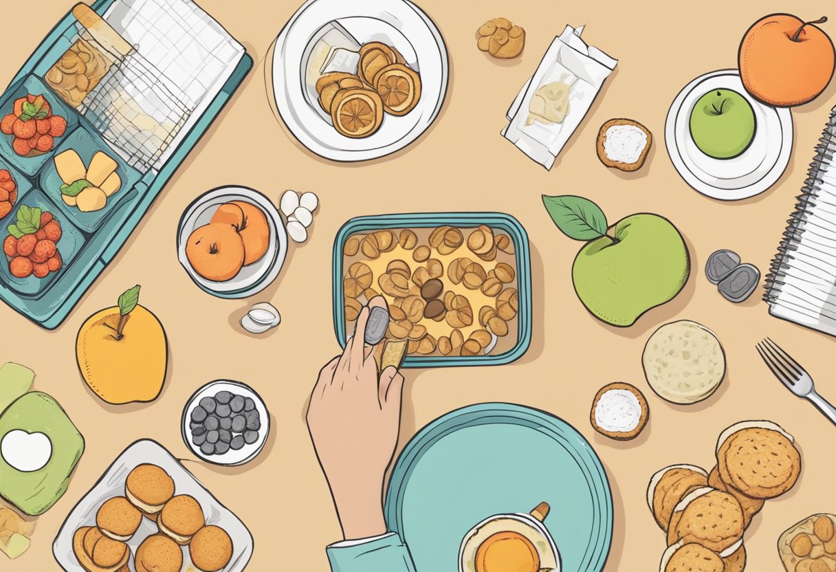 how to stop stress eating sweets - A table set with healthy snacks and a person reaching for an apple instead of a sugary treat. A thought bubble with calming activities