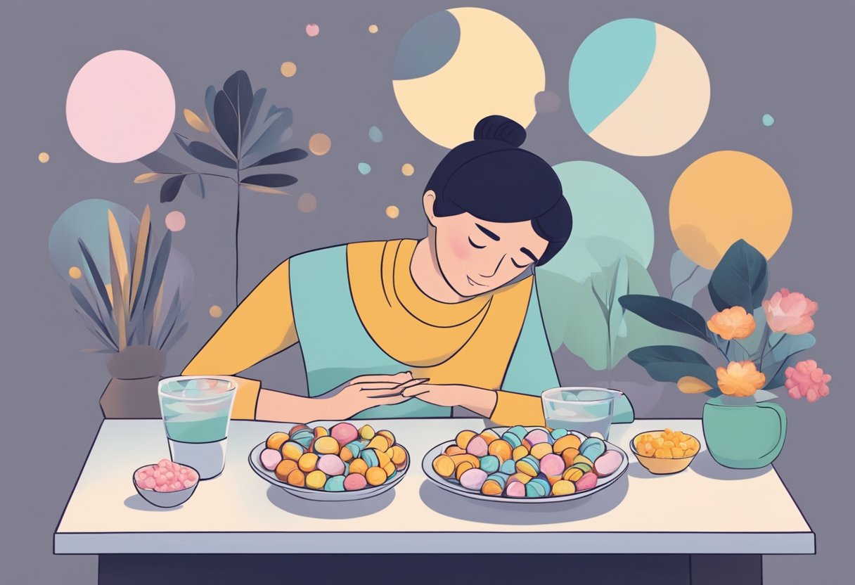 how to stop stress eating sweets - A person sitting at a table with a plate of sweets, but instead of reaching for them, they are using deep breathing and mindfulness techniques to manage their stress