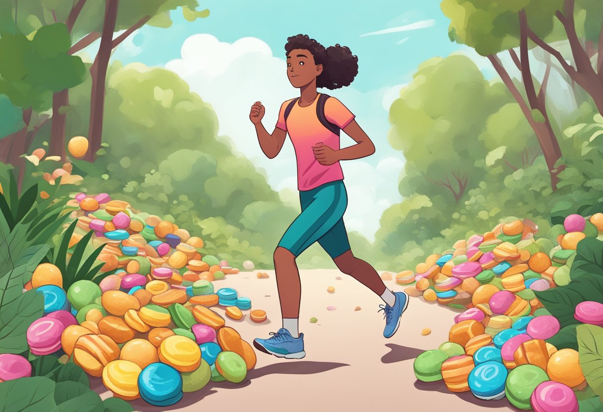 how to stop stress eating sweets - A person jogging outside, surrounded by greenery, with a determined expression on their face, and a pile of sweets being left behind