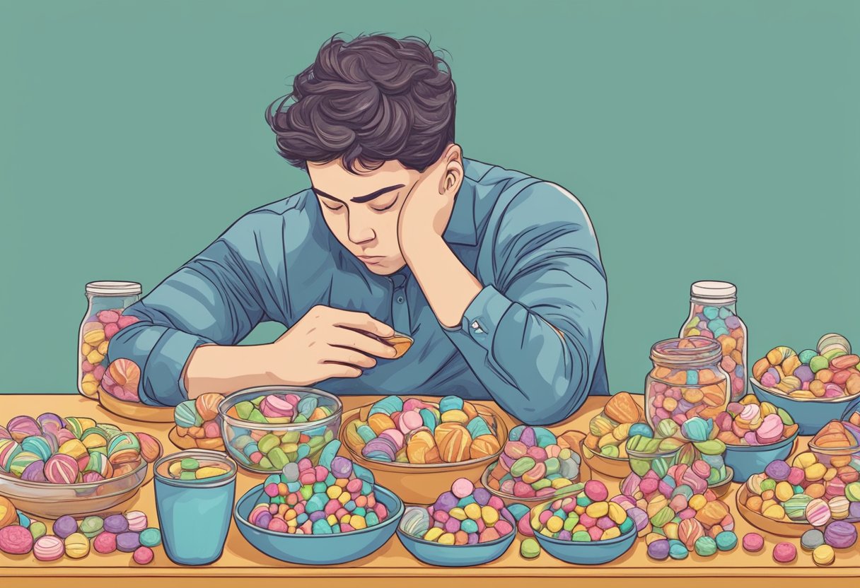 how to stop stress eating sweets - A person sitting at a table with a pile of sweets in front of them, looking stressed and contemplating how to resist the urge to eat them