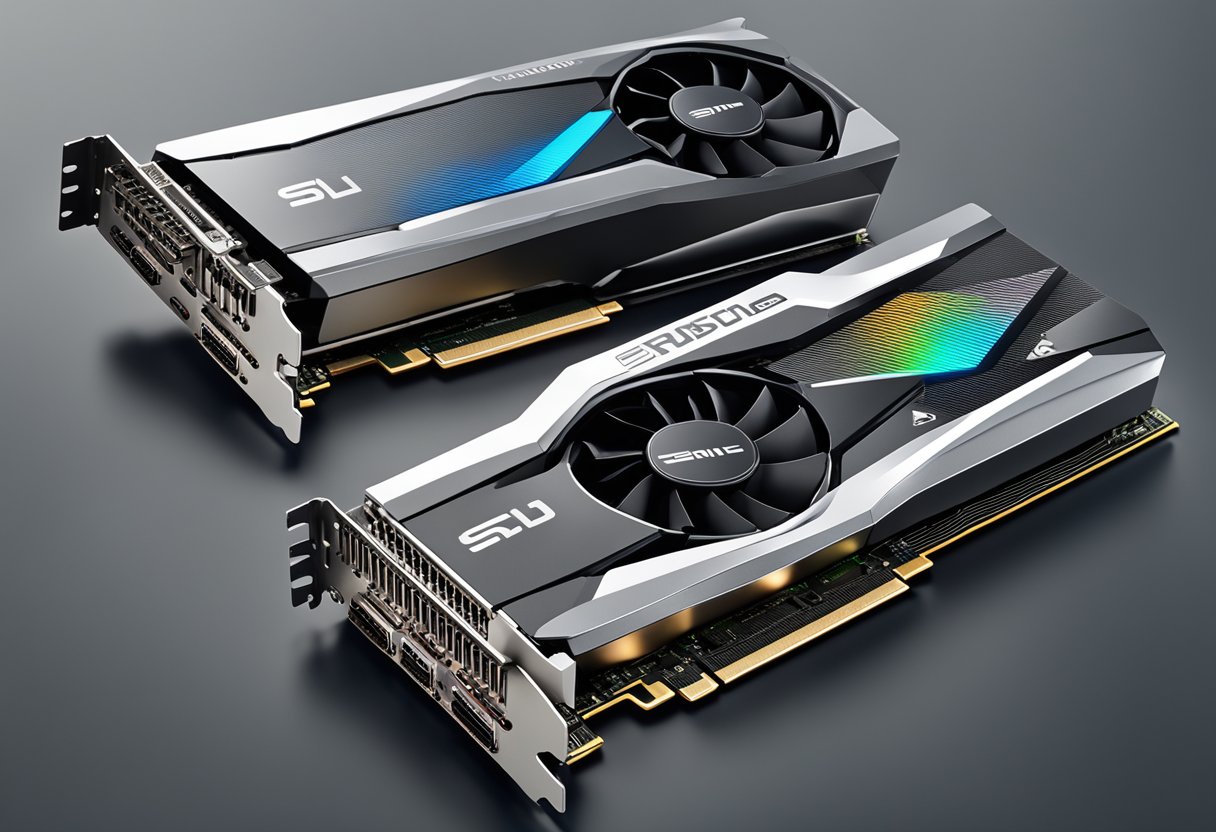 Two different GPUs connected with SLI bridge, labeled and arranged on a motherboard. Display monitors showing synchronized graphics output