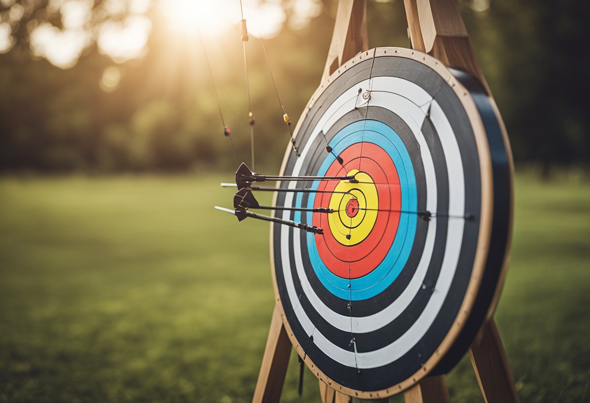 An archery target is positioned at a distance, arrows are neatly arranged, and a bow is placed on a stand