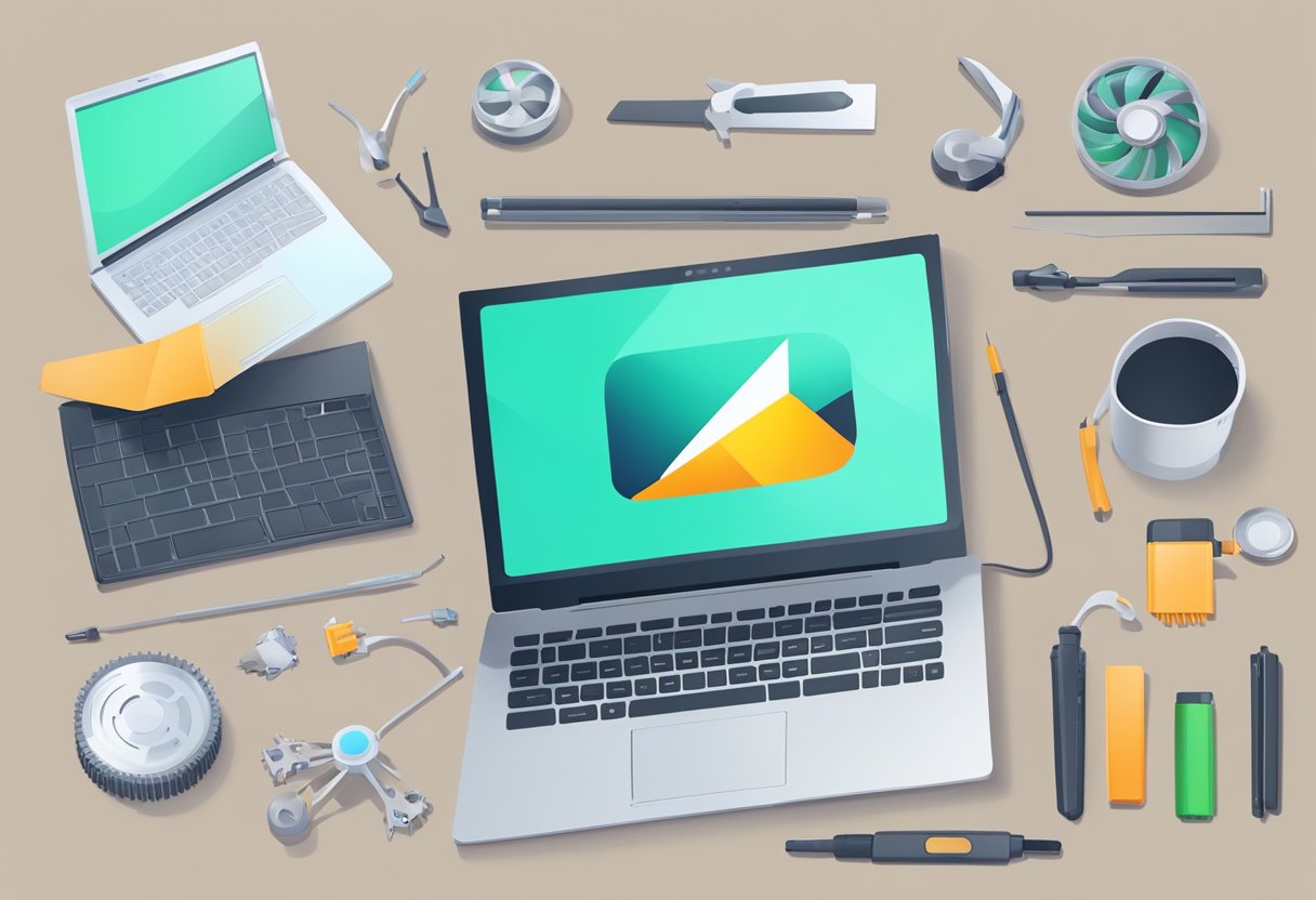 A laptop opened with a CPU upgrade in progress, with tools and components scattered on a work surface