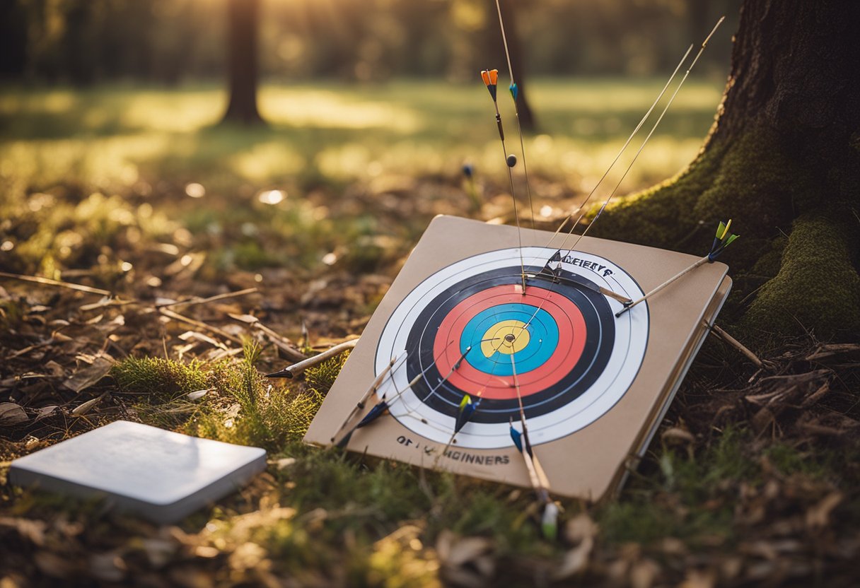 An archery target with arrows scattered around, a bow leaning against a tree, and a book titled "Archery for Beginners" open on the ground