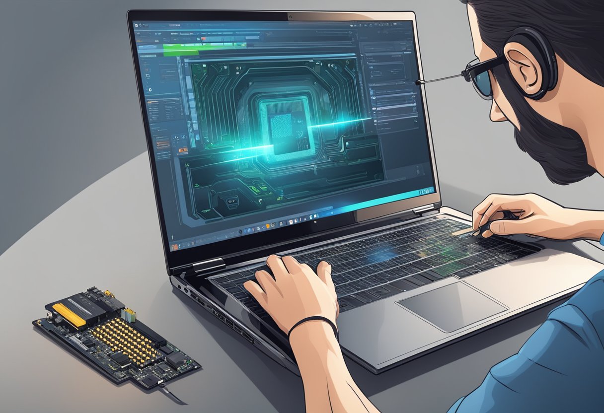 A laptop with an open panel revealing the GPU slot, with a technician inserting an upgraded graphics card