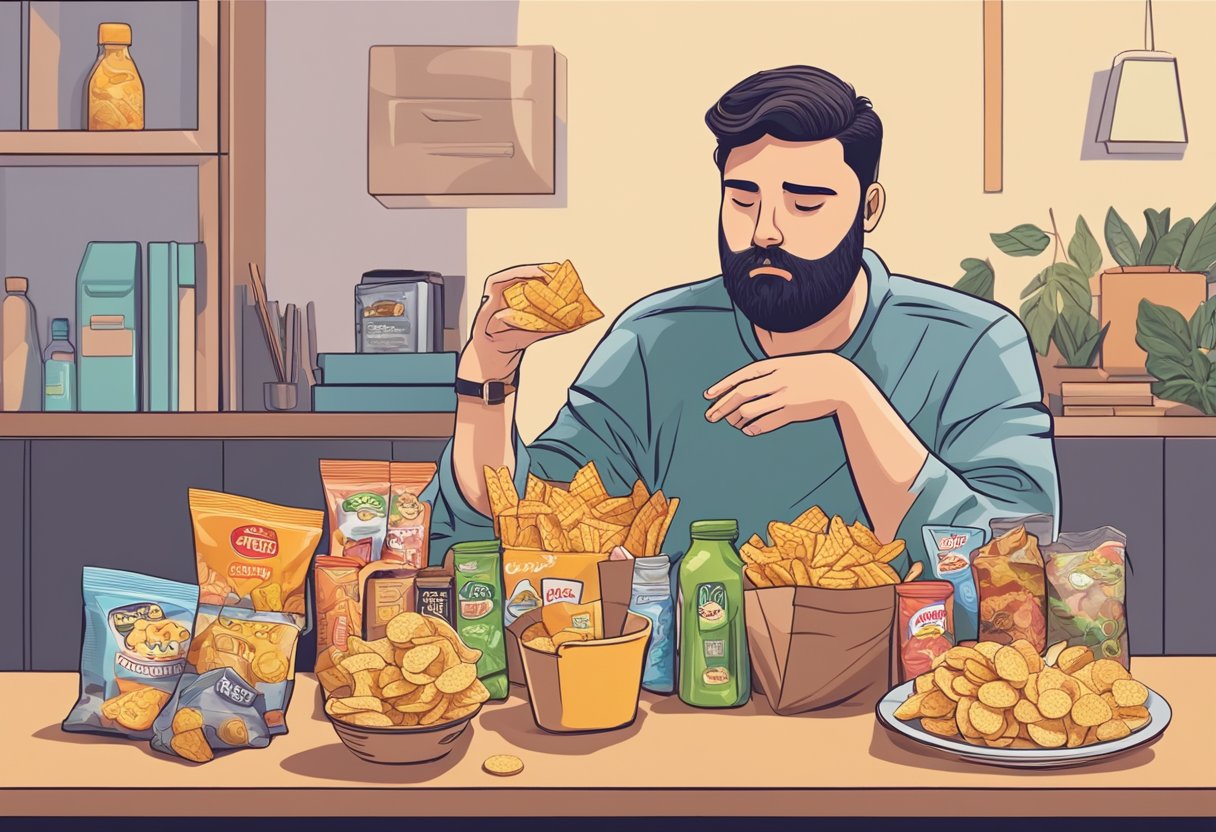 How to stop stress and anxiety eating - A person sits at a table with a variety of unhealthy snack foods in front of them. They appear tense and anxious, with a furrowed brow and a hand reaching for a bag of chips