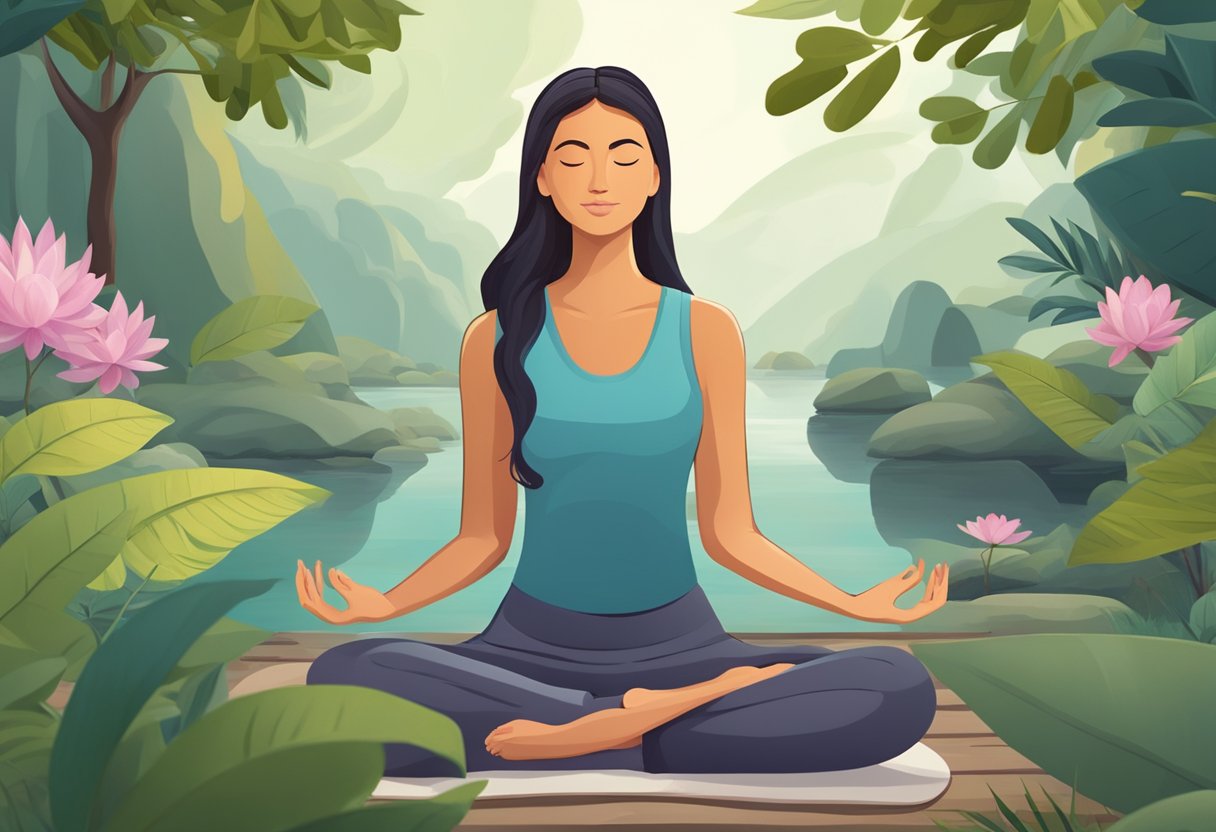 How to stop stress and anxiety eating - A person meditates in a peaceful setting, surrounded by calming elements like nature, soothing music, and relaxation tools