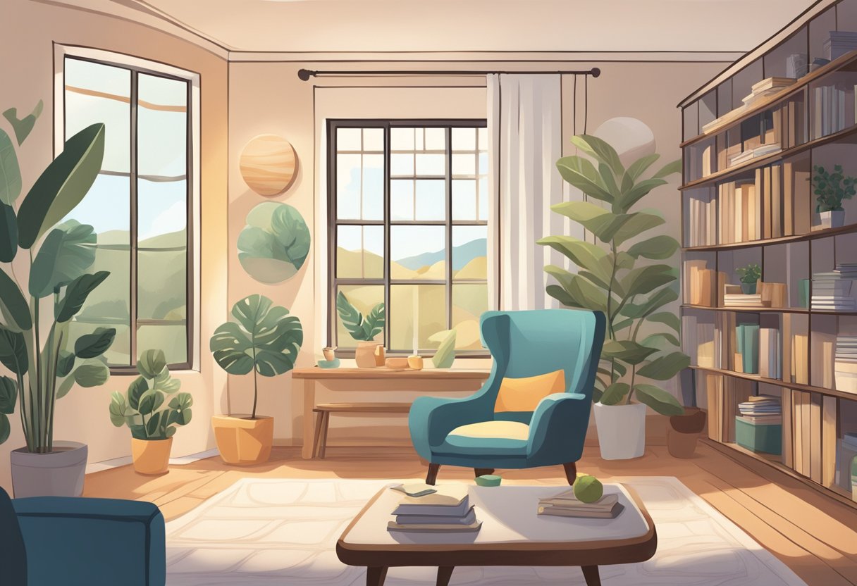 How to stop stress and anxiety eating - A serene setting with calming elements like a cozy room, soothing colors, and healthy snacks, contrasting with an image of stress-inducing triggers like deadlines or clutter