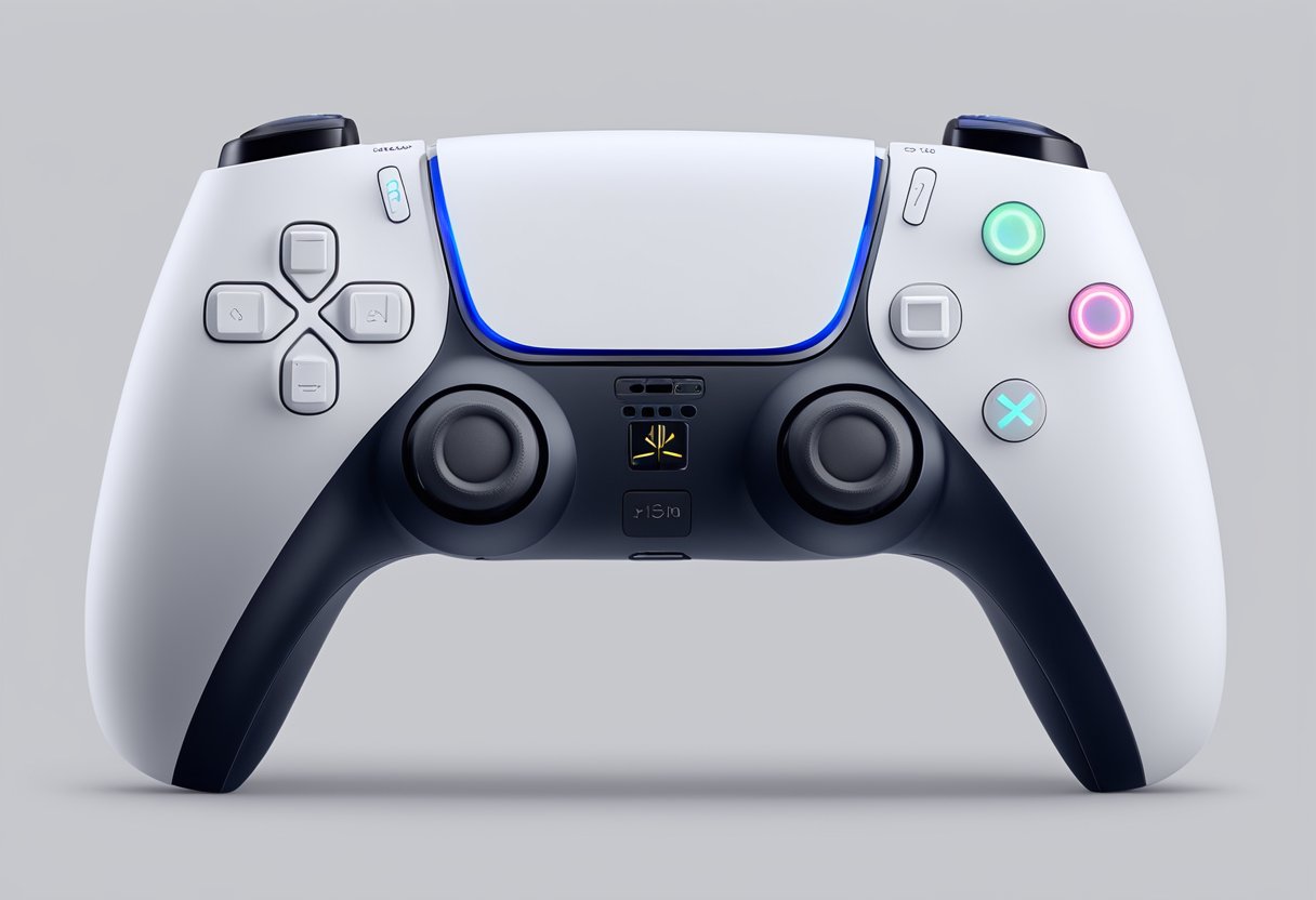 A PS5 controller hovers over the console, selecting "Settings" then "Personalization," followed by "Theme" and "Background."