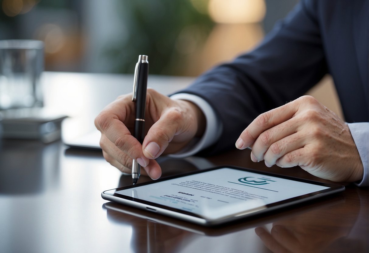A hand holding a digital pen signing a document on a tablet, with the Idemia Identity & Security France logo in the background