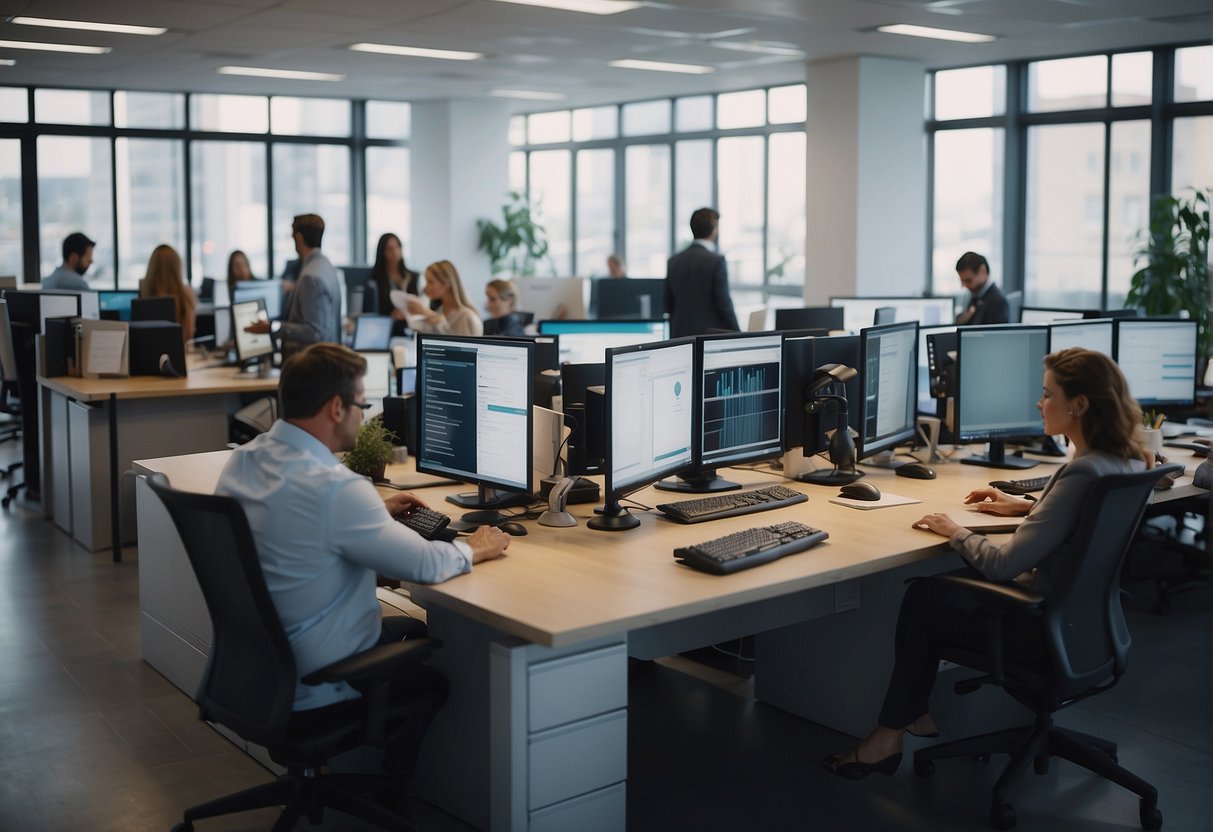 A bustling office with people using electronic signature technology from Idemia Identity & Security France, impacting citizens and service providers