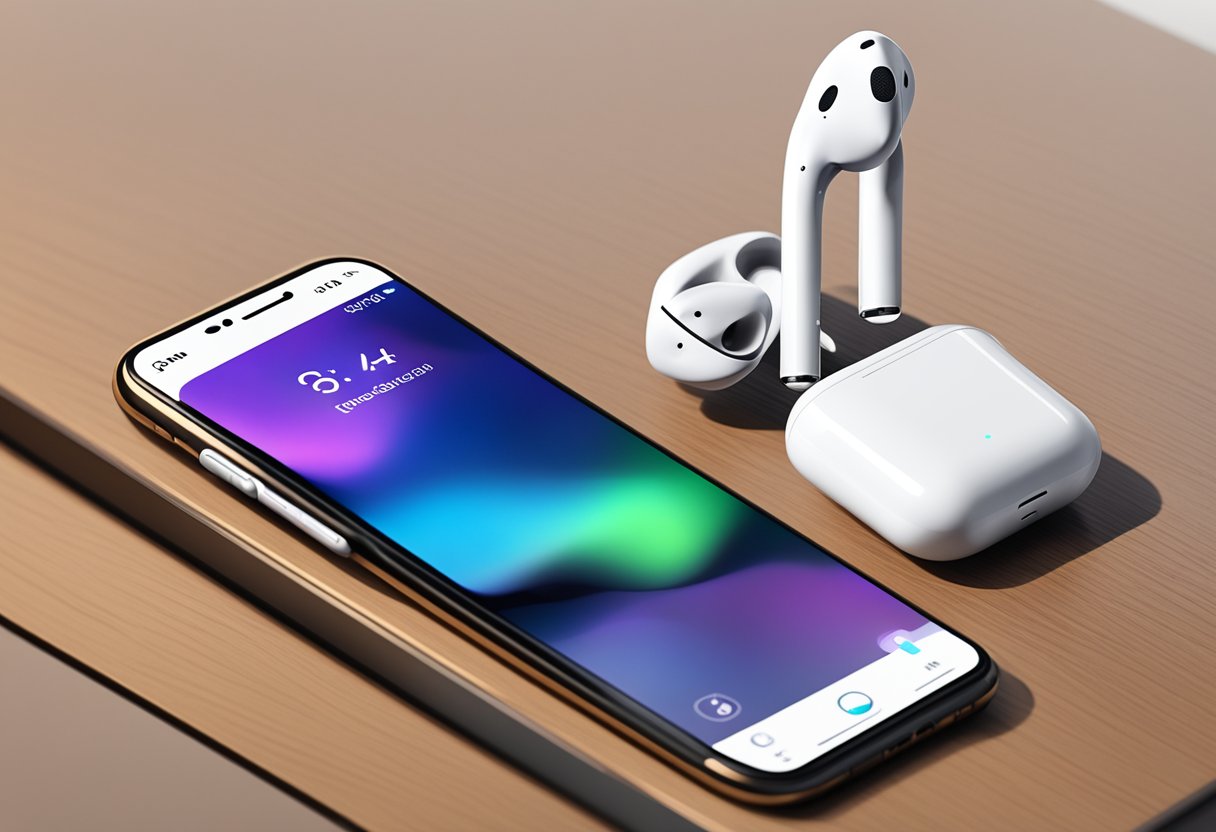 An AirPods case sits open on a table, with a smartphone displaying the sound customization menu next to it. The EQ settings are being adjusted on the screen